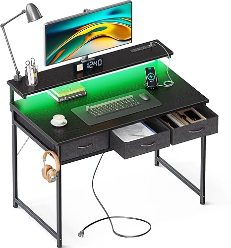 ODK Escritorio pequeño para computadora de 40 pulgadas con 3 cajones y puerto de carga USB y toma de corriente, escritorio de oficina con luz LED,