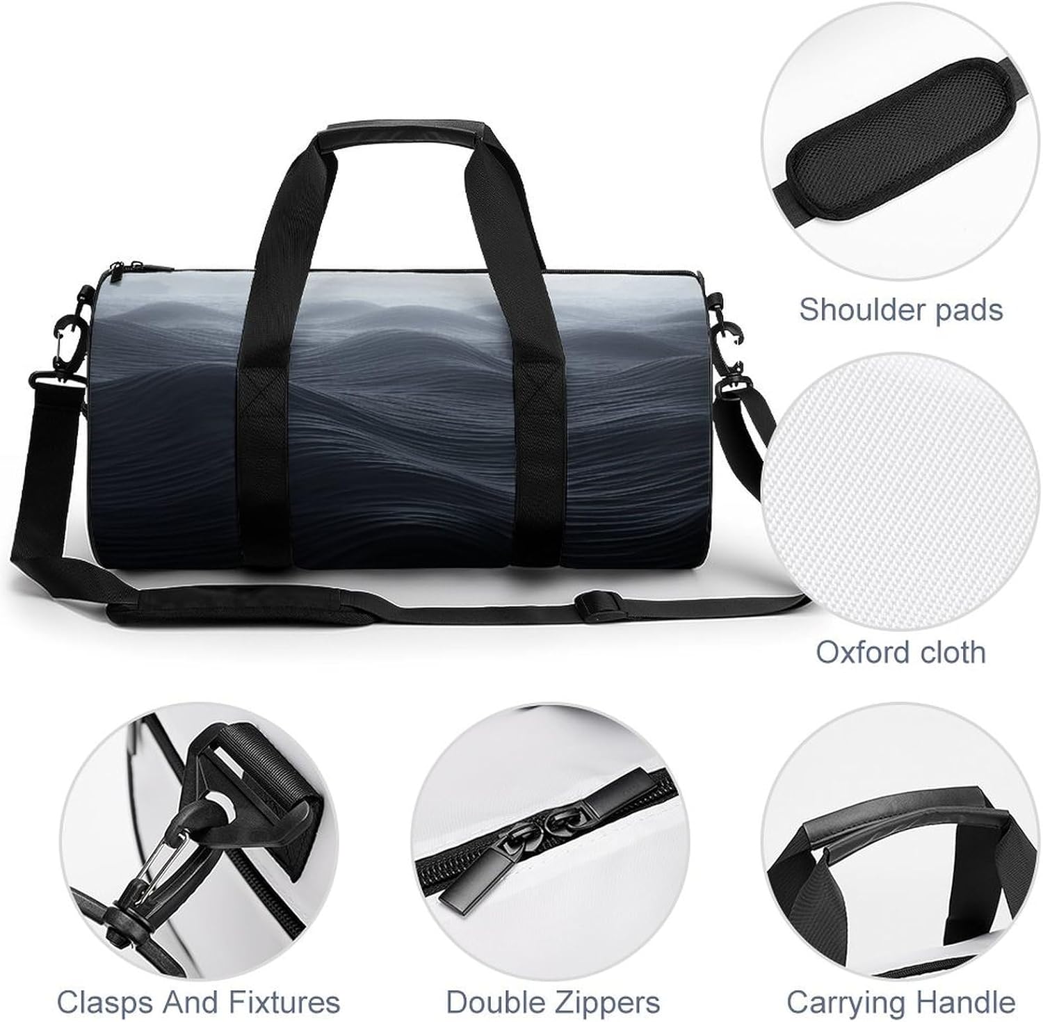 Aesthetic Sports Bag for Women Deep Black Waves Printed Duffle Travel Bag for Men Women Mini Workout Bags Cylindrical Gym Bag