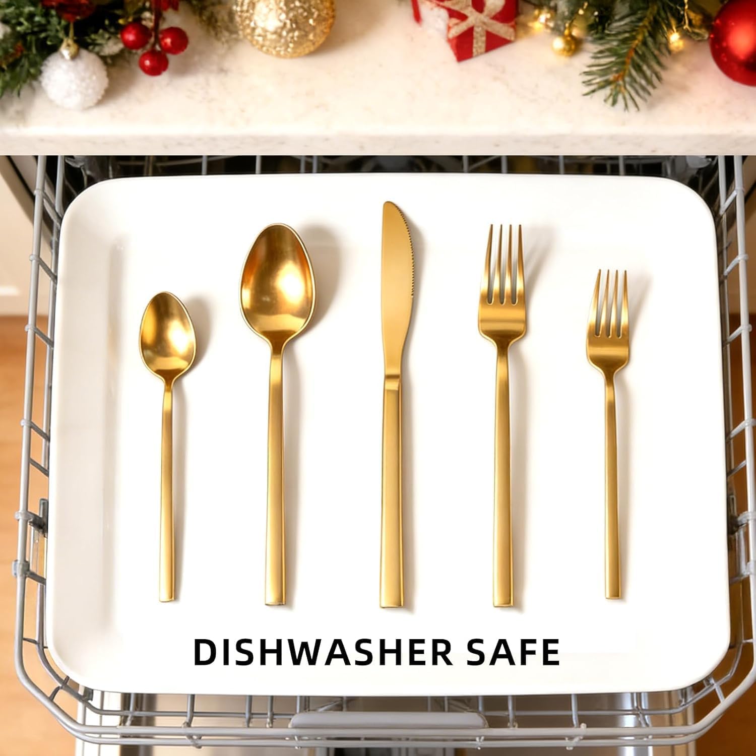 20pcs Matte Gold Cuboid Silverware, Stainless Steel Flatware Set, Service for 4, Forged Cutlery Set, Dishwasher Safe