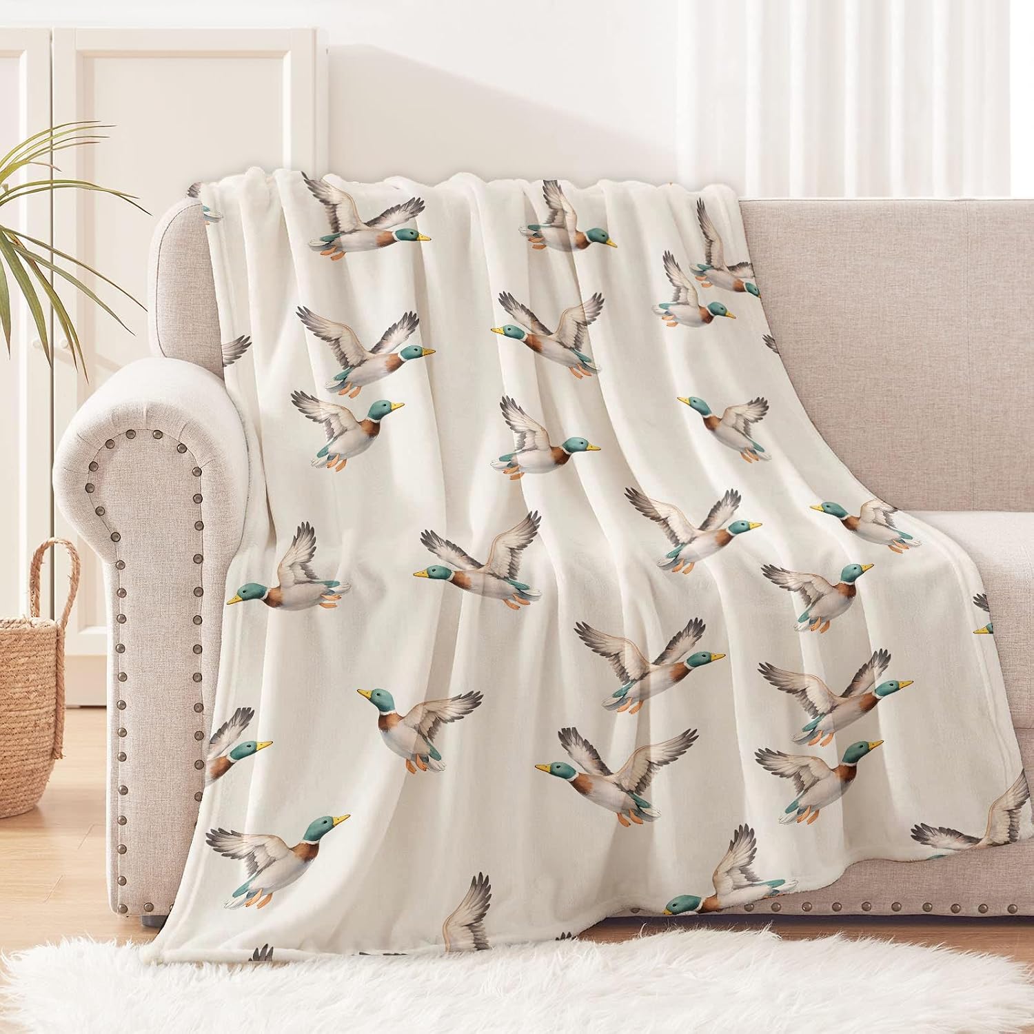 Duck Blanket for Wildlife and Nature Lovers, Watercolor Mallard Bird Flannel Blankets, Flying Gifts, Beige Soft Warm Cozy Throws for Sofa Couch Bed Living Room Bedroom Home Decor 60" x 50"