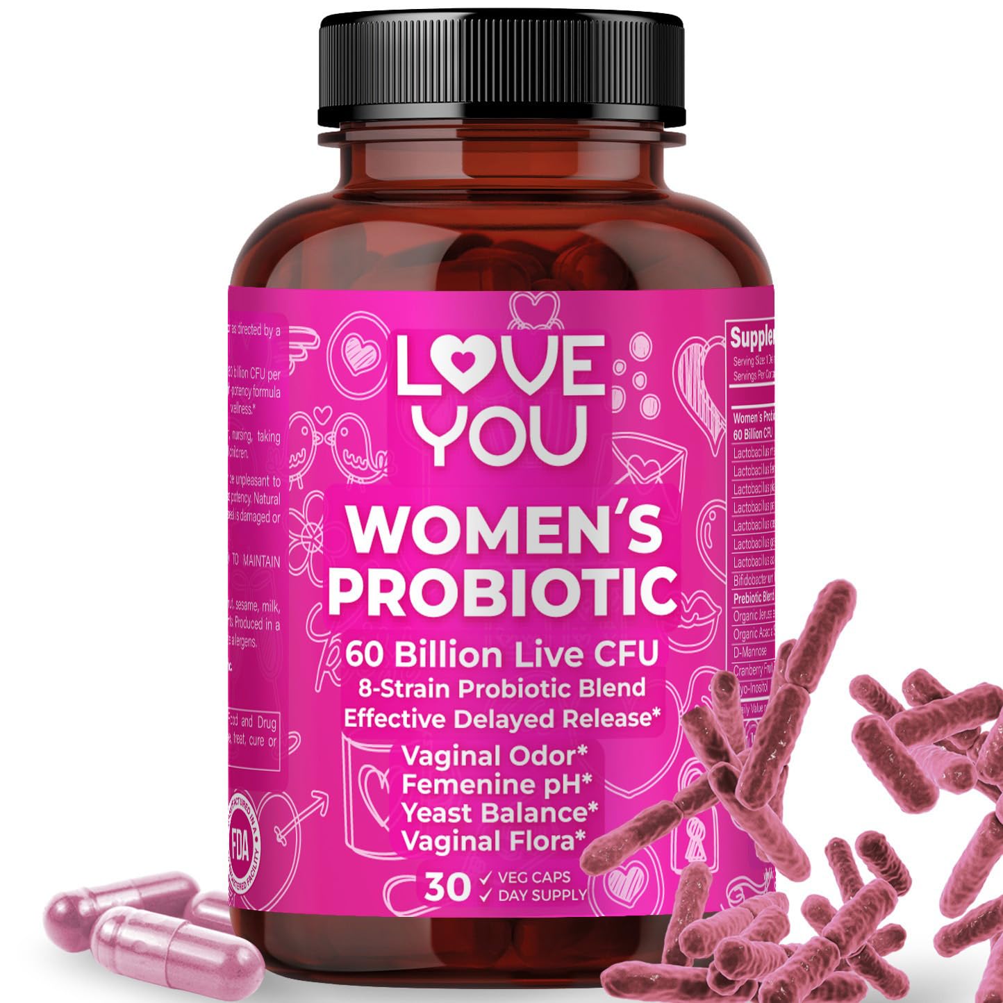 Love You Womens Probiotic, Ph Balance, Ut, Feminine, Vaginal Health Supplement, Digestive, Pre + Pro + Postbiotic, Delayed Release, 60 Billion Live CFU, 8-Strain Probiotic Blend, 30 Veg Caps Servings