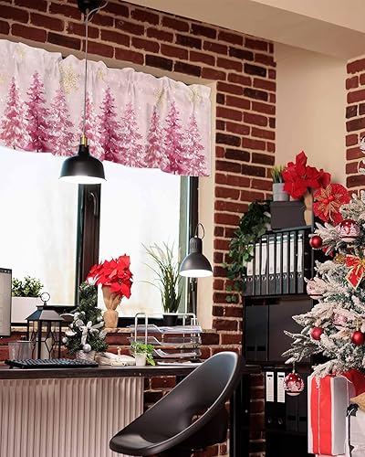 Miniatura 4 de Cortinas de árbol de Navidad rosas para ventanas de sala de estar, cortinas de copo de nieve de invierno y cenefas para dormitorio, cortinas de