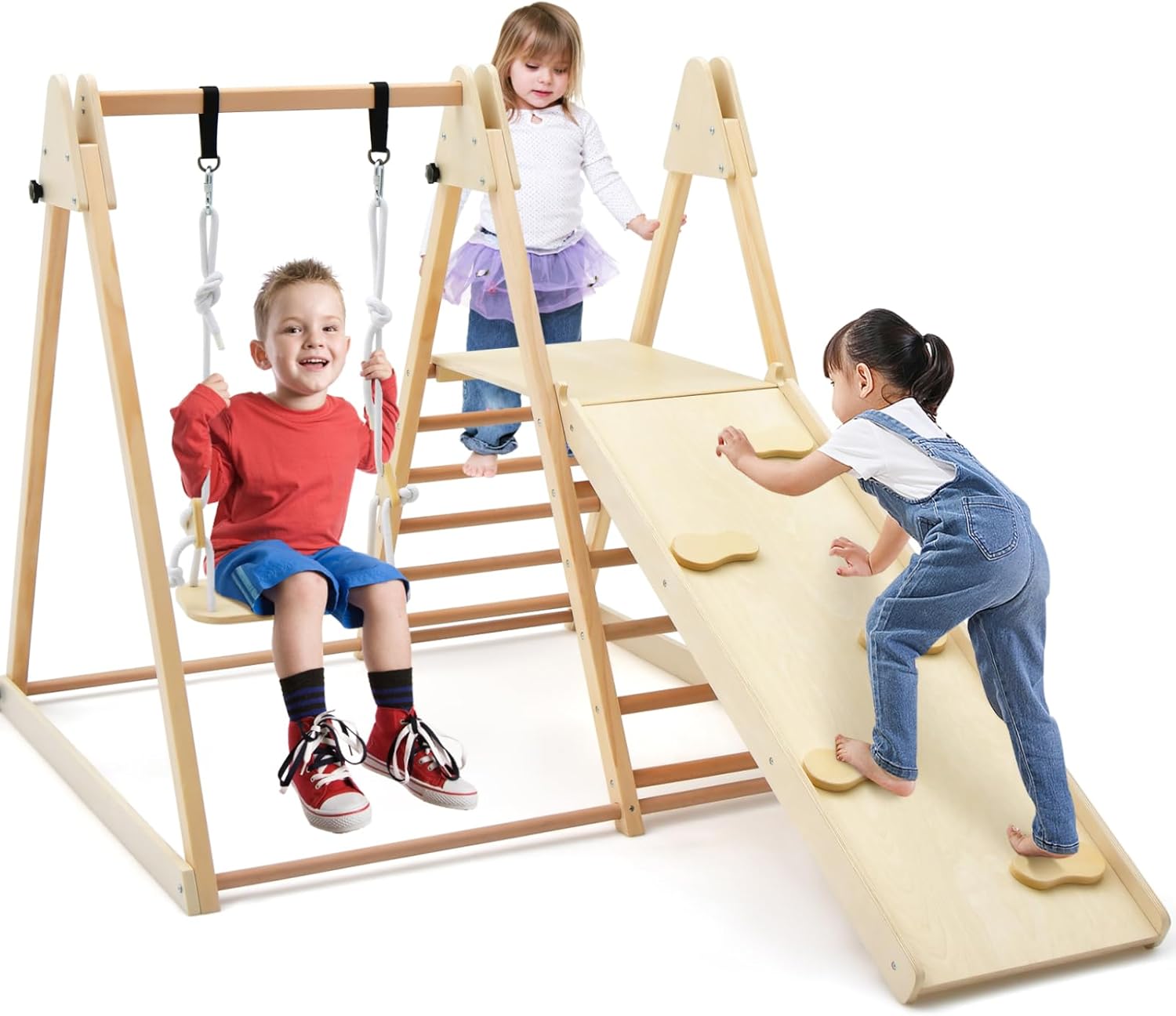 Costzon Indoor Jungle Gym, 5-in-1 Foldable Montessori Climbing Toys for Toddlers w/Double-Sided Slide, Swing, Indoor Wooden Playground Climber Playset for Kids 2-6 Years Birthday Gifts