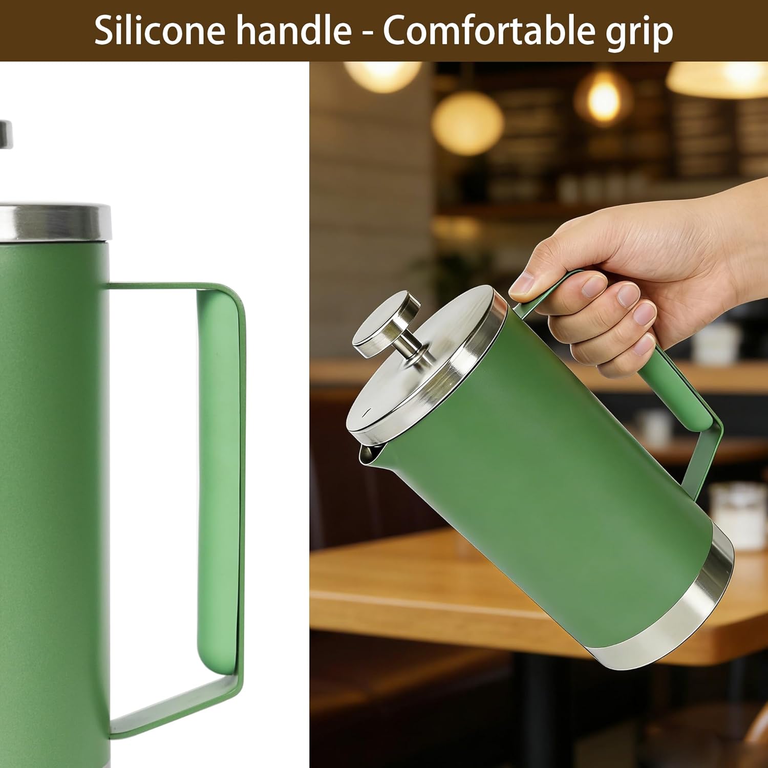 small French Press Coffee Maker 600ml, Double-Wall Insulated French Press Coffee Press Stainless Steel for travel camping, Silicone handle (2-4cup, 20 OZ) silver