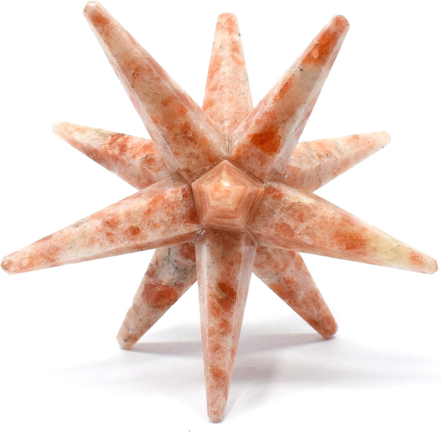 3.3" Sunstone 12 Point Star Handcrafed Natural Sparkling Orange Heliolite Feldspar Gemstone Crystal Mineral Specimen - India + One Polished Clear Quartz Cabochon