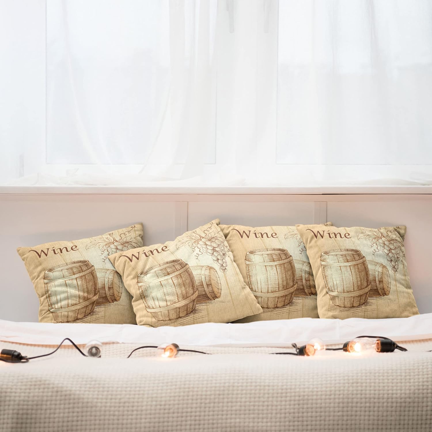 Ambesonne Wine Decorative Throw Pillow Case Pack of 4, Wooden Barrels and Bunch of Grapes on Wood Backdrop Botany Harvest Theme Artwork, Cushion Cover for Couch Living Room Car, 18", Brown Peach