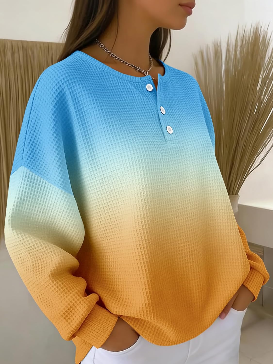 Women's Ombre Waffle Knit Henley Top Long Sleeve V-Neck Button Up Shirt Gradient Color Fade Loose Fit Tunic - Image 2