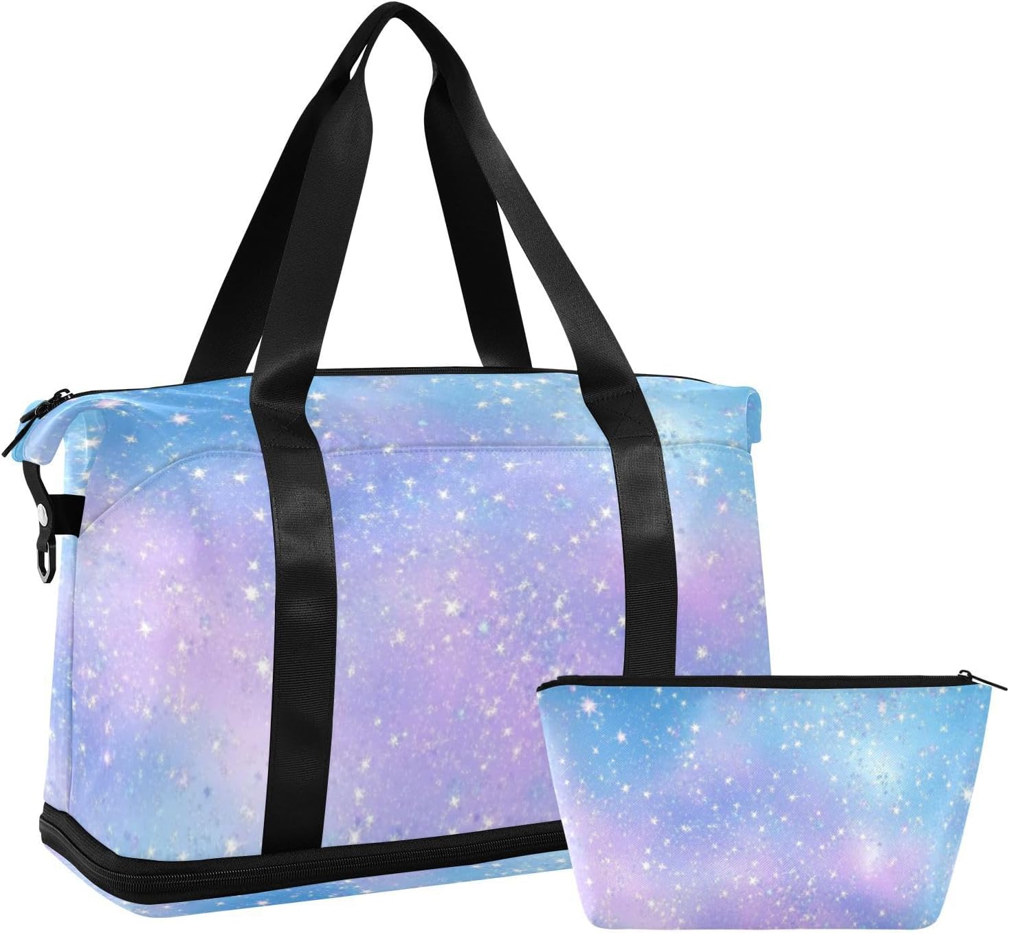 Purple Blue Galaxy Starry Waves Sports Tote Gym Bag Overnight Bag with Toiletry Bag for Yoga 2 Pcs Set