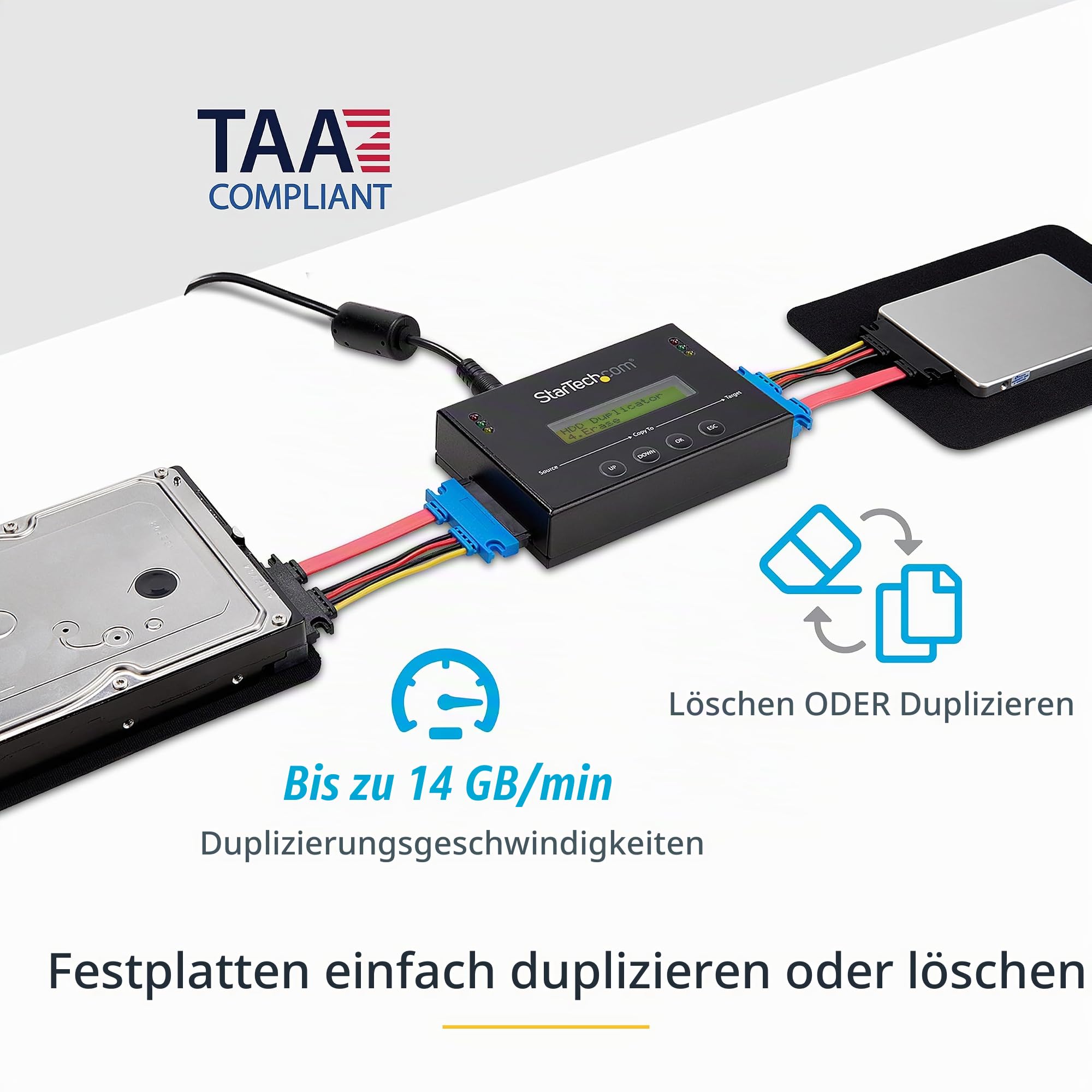 StarTech.com 2,5 / 3,5" SATA / SSD Festplatten Duplikator / Eraser - Festplatten Kopierstation mit 14 GB/s Duplizier-Geschwindigkeit