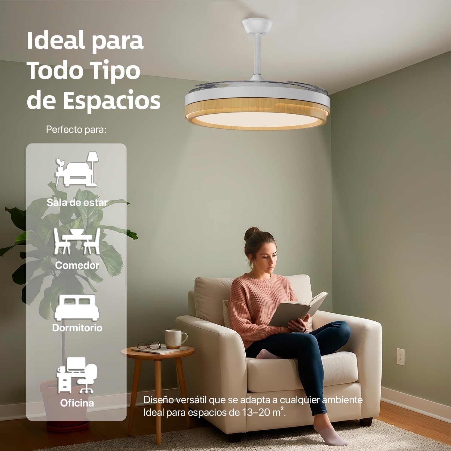 LEDUNI ® Ventilador techo con luz 66W controlador incorporado | Silencioso con Mando a Distancia+Control APP y Palas Retráctiles Interiores función verano-invierno (Madera)