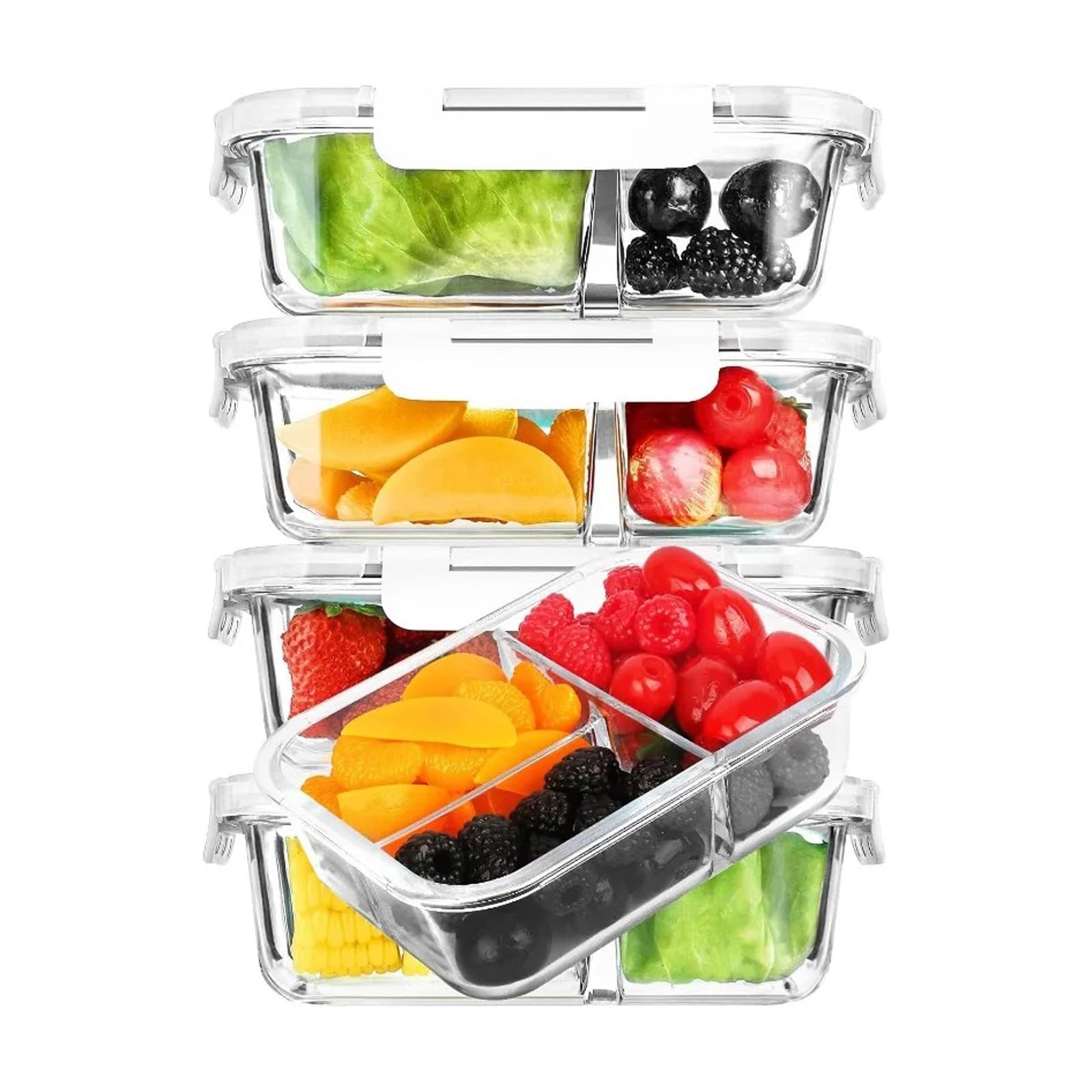 Recipientes de vidrio para preparación de comidas, 5 paquetes de 3 compartimentos de vidrio con tapas, contenedor de preparación de alimentos para microondas, horno, congelador, caja Bento (W)