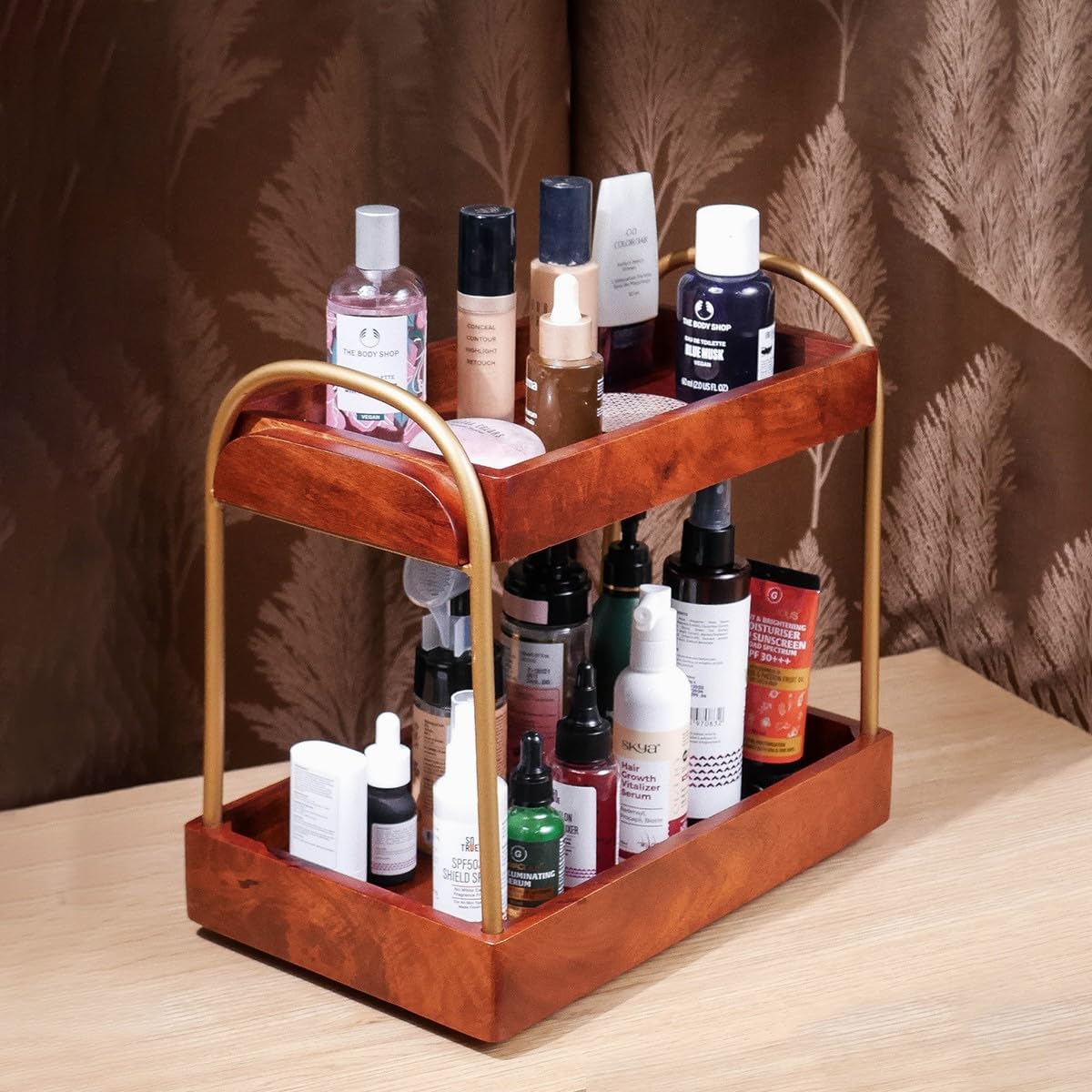 Brick Brown ® Premium CasaDuo Multipurpose Organizer Rack for Cosmetics Storage | Display Holder | Bathroom Dresser Countertop|Kitchen Organizer in Mahogany Finish (Self Assembly)