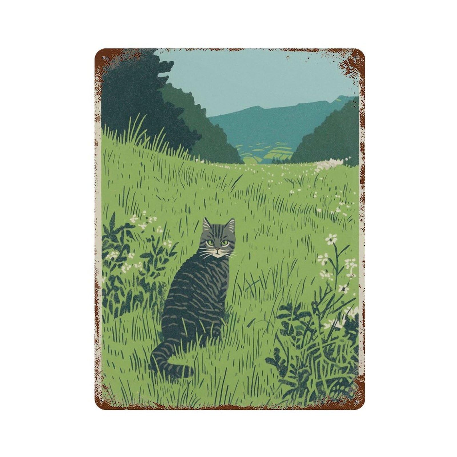 xiaoxiaoshen Cat in Meadow Peaceful Nature Green Landscape with Modern Animal Countryside Wall Decor Art Metal Tin Poster Modern Home Decor Art Home Bar Shop Decorations Vintage Sign 40x30cm