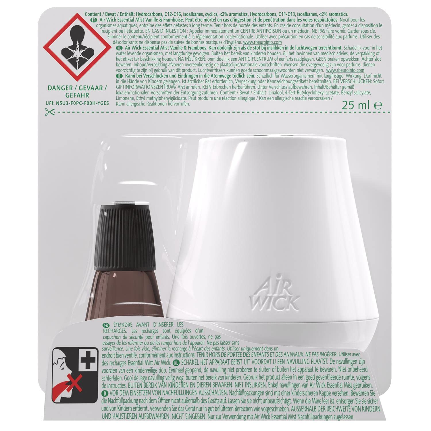 Airwick Essential Mist Duftspender Vanille und Himbeere, 1 Nachfüllpackung, 25 ml, Vanille und Himbeere