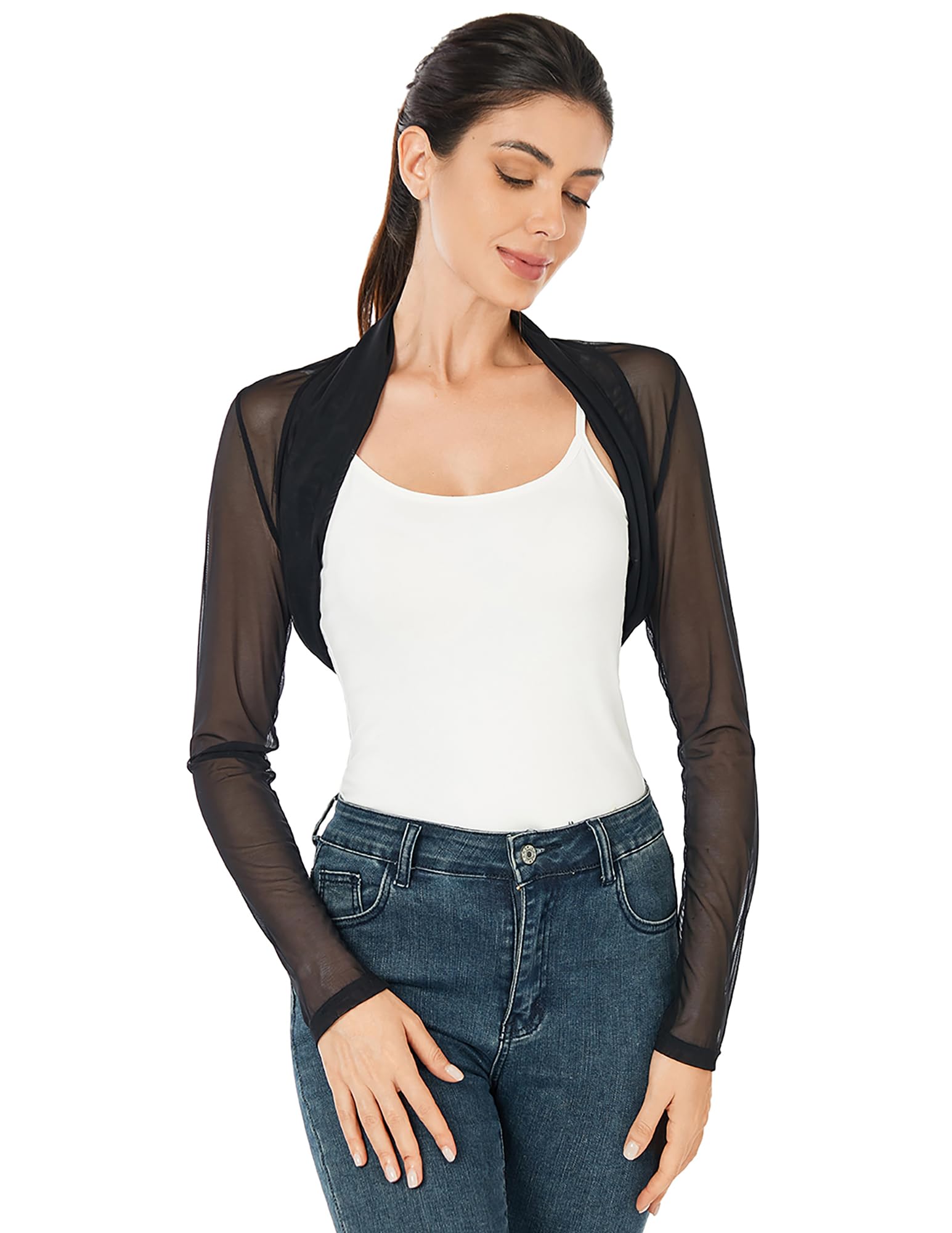 Am lieBoutik Women Ruched Long Sleeve Bolero Cropped Sheer Shrug Open Front Cardigan Lightweight Knit