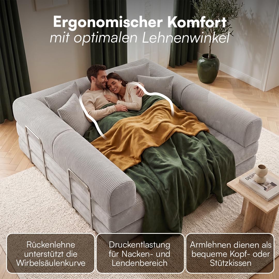 skølm Lofn Ecksofa 4 Sitzer – Wohnlandschaft L-Form Cord – Klappsofa 300cm breit Hellgrau – ausklappbar zum Schlafsofa/Bodensofa – Vollschaumcouch Boneless mit 4 Kissen & Stahlgestell vakuumverpackt