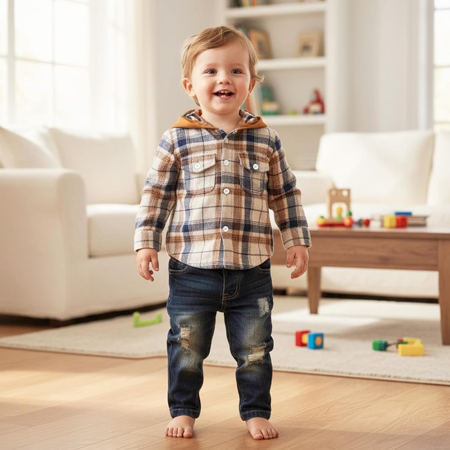 Toddler Baby Boy Fall Winter Clothes Long Sleeve Plaid Hooded Sweatshirt Ripped Holes Jeans Set 1-5 Years Old - Image 2