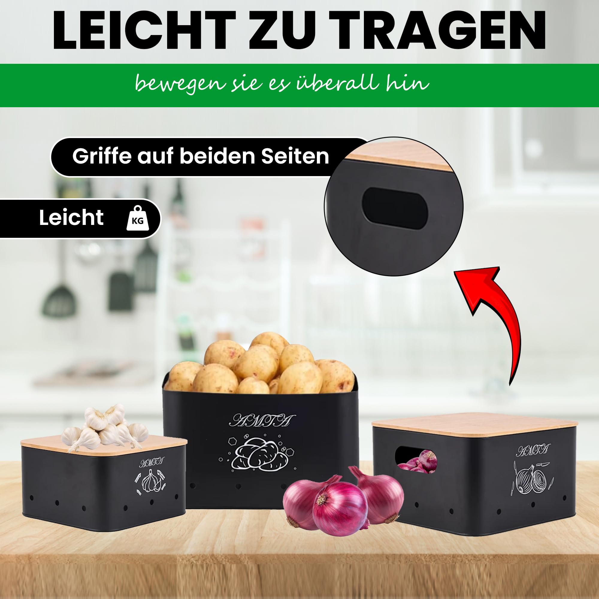 Kartoffel Aufbewahrungsbox [3er Set] - Hält Gemüse Länger Frisch - Idealer Weg für Zwiebel, Kartoffel und Knoblauch Aufbewahrung Schäler & Schneider – Küchen Organizer im Vintage Stil (Schwarz)