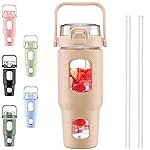 BLUEGO 32oz Glass Water Bottles with Straw Time Marker Half Gallon Large Motivational Water Bottle with Silicone Sleeve 2 Liter Large Glass Water Jug for Gym, Sports& Workout, Daily, Amber