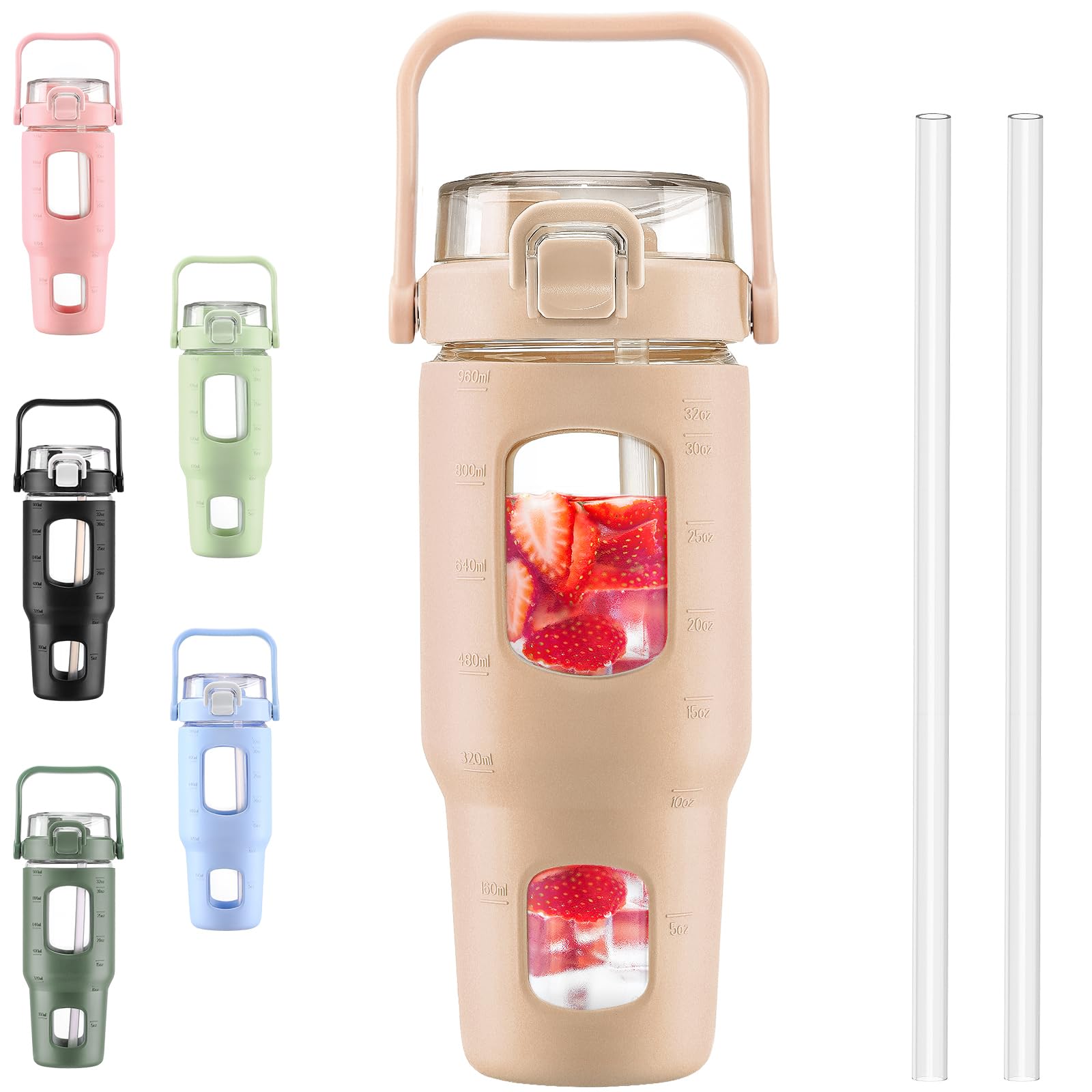 BLUEGO 32oz Glass Water Bottles with Straw Time Marker Half Gallon Large Motivational Water Bottle with Silicone Sleeve 2 Liter Large Glass Water Jug for Gym, Sports& Workout, Daily, Amber