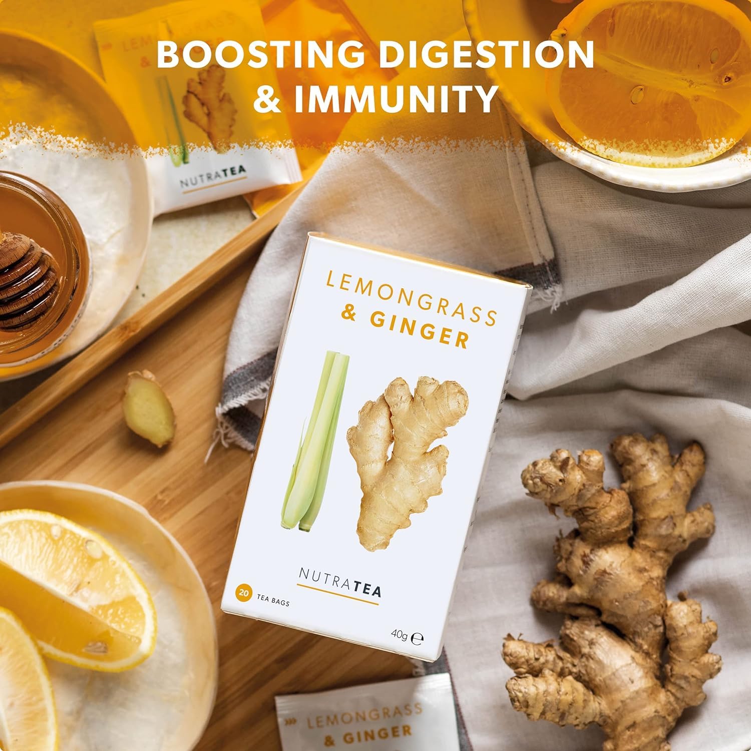 NutraTea Tisana Zenzero e Citronella - Gluten Free, Con 2 Grammi di Ingredienti Attivi - 20 Bustine Riutilizzabili