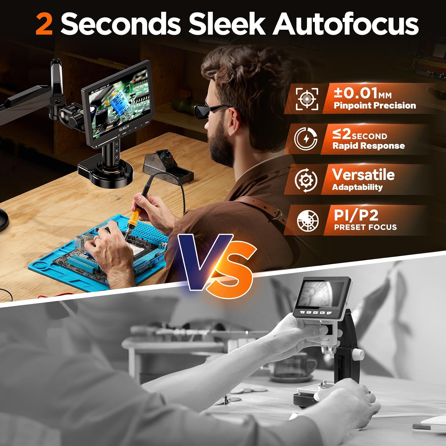 Elikliv Autofocus 4K HDMI Digital Microscope, 10.1" EM4K-AF Flex Arm Scope image 2