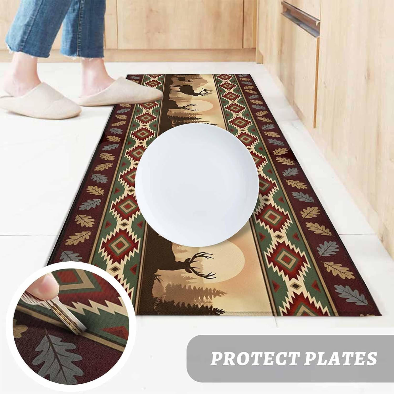 Teamery Kitchen Mats for Floor Deer Retro Southwest Ethnic Washable Non Slip Kitchen Rugs 1PCS, Abstract Tribal Geometric Absorbent Standing Mats for Sink Bathroom Office Living Room 15.7x47.2in
