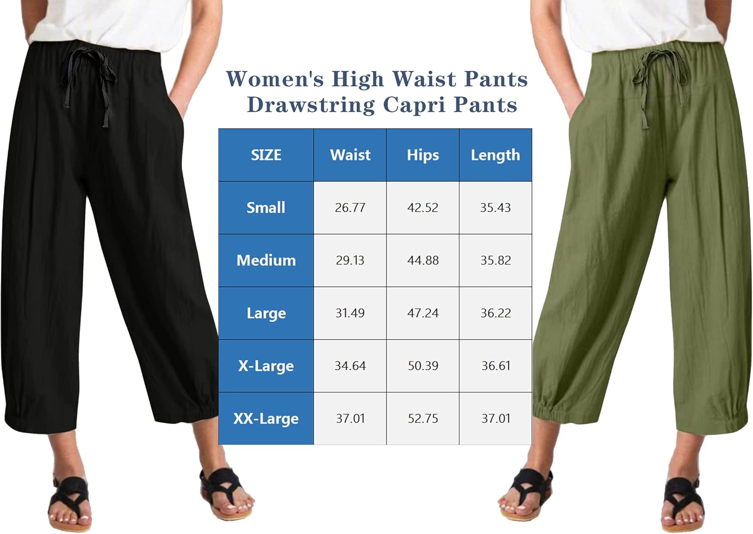 Women High Waist Casual Wide Leg Palazzo Pants Linen Drawstring Cropped Pants Trousers Regular Size - Image 4