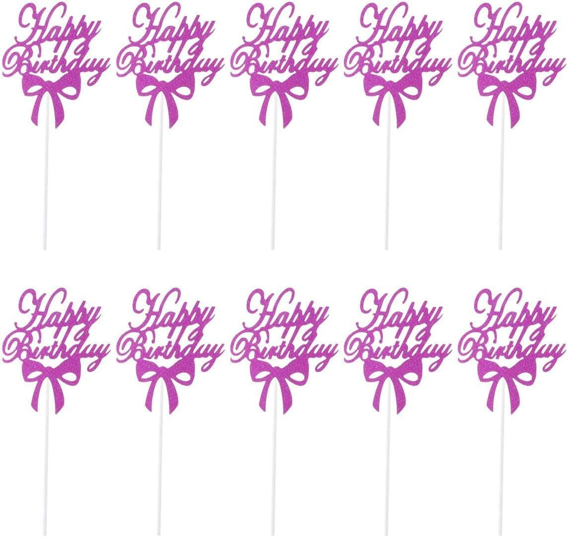 10Pack Happy Birthday Cupcake Toppers Glitter Bowknot Cake