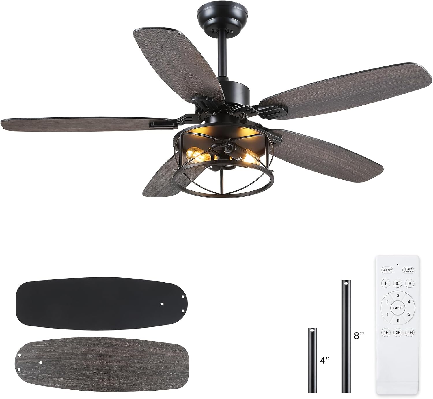 Hounberi 52" Caged Ceiling Fan with Lights and Remote, Downrod Rustic Ceiling Fans, 6-Speed Reversible, 5 Dual-Finish Blades, E26*2 Blub Base + Black Metal Lampshade for Bedroom Living Room
