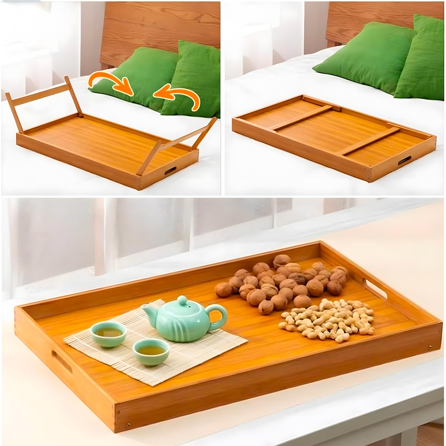 Avilia Vassoio Colazione a Letto in Bambù con Impugnature e Gambe Pieghevoli - Perfetto per Mangiare Comodamente a Letto - 50x30x21cm
