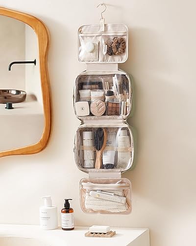 Miniatura 8 de Neceser con gancho para colgar, bolsa de maquillaje de viaje de piel sintética para mujeres, organizador de maquillaje con 4 compartimentos,