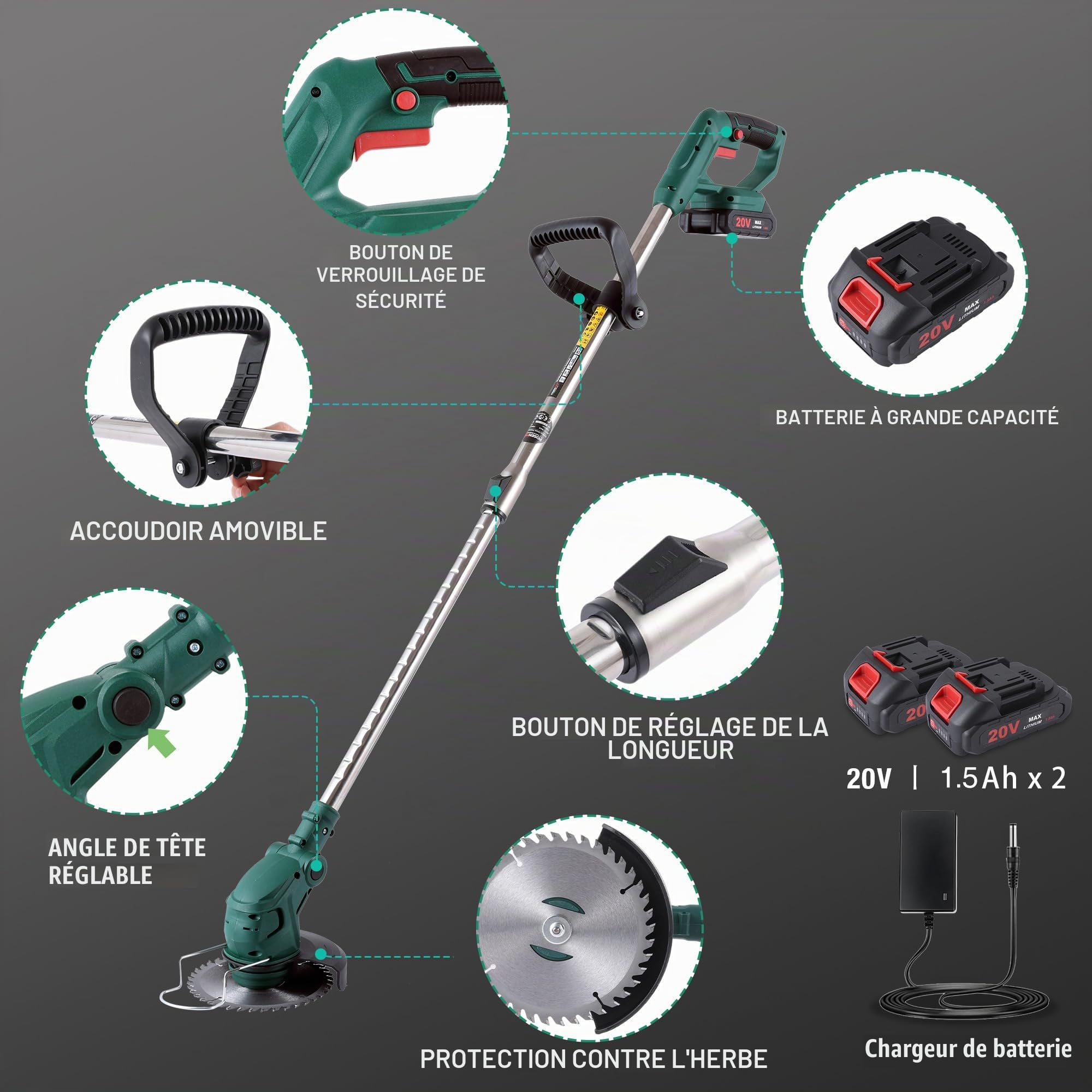 POSENPRO Debroussailleuse Electrique sans Fil, 650W Rotofil Batterie, avec 2 Batteries 20V 1.5Ah et 20 Lames 4 Types, Coupe Bordure sans Fil avec Batterie pour tondre Le Jardin et la pelouse