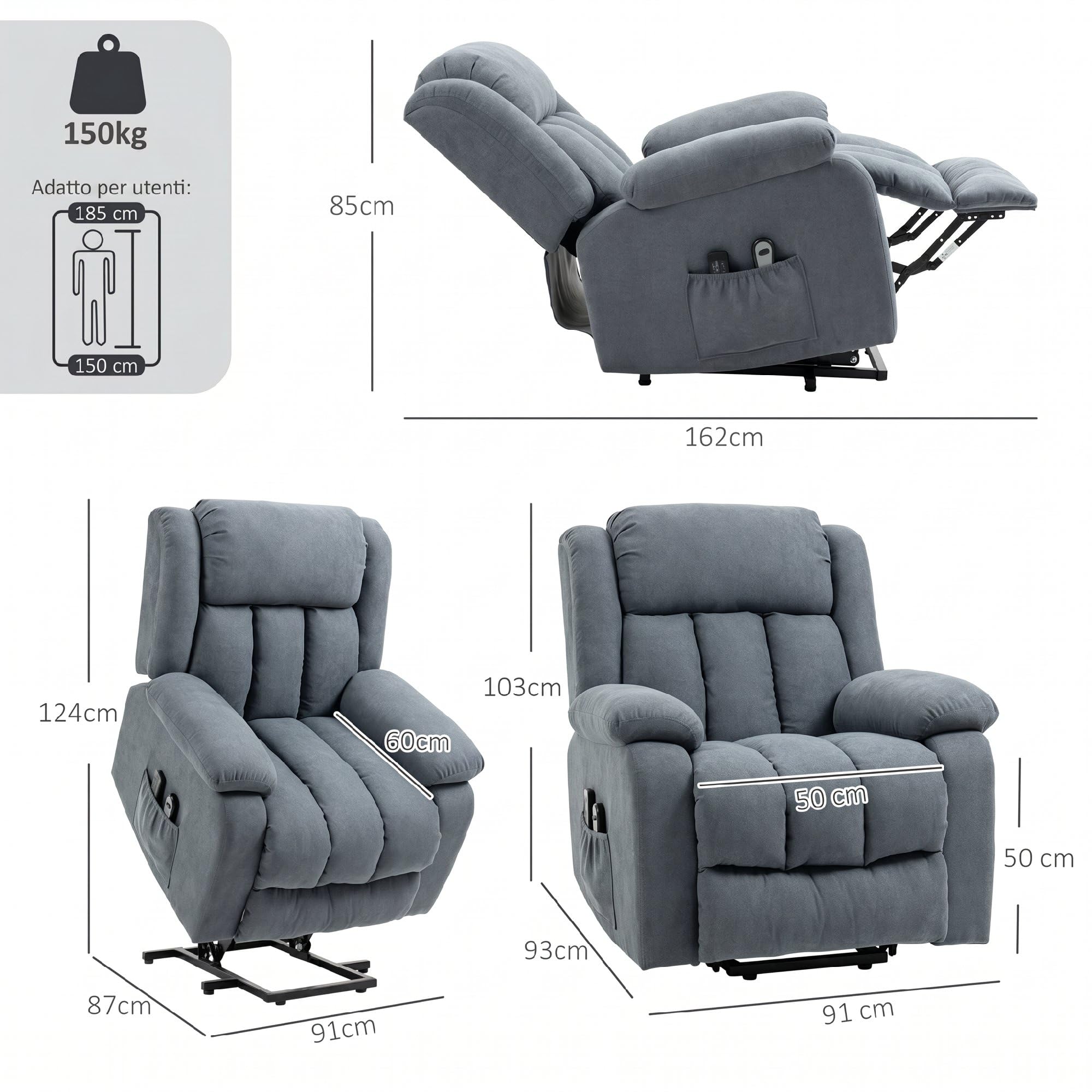 HOMCOM Poltrona Elettrica Alzapersona Reclinabile 135° Seduta Ampia Grigio | , Poltrona Relax in Tessuto Effetto Lino per Anziani, 8 Punti Massaggio Vibrante, Telecomando, Poggiapiedi, Tasche Laterali