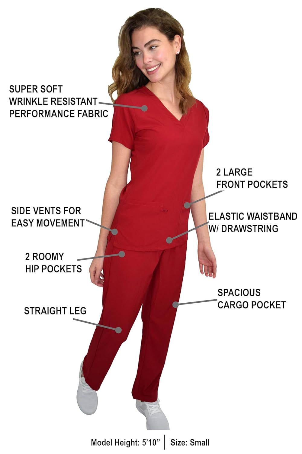 Green Town Scrubs for Women Scrub Set - V-Neck Top and Straight Leg Pant, 5 Pockets, Easy Care-Red-Large - Image 2