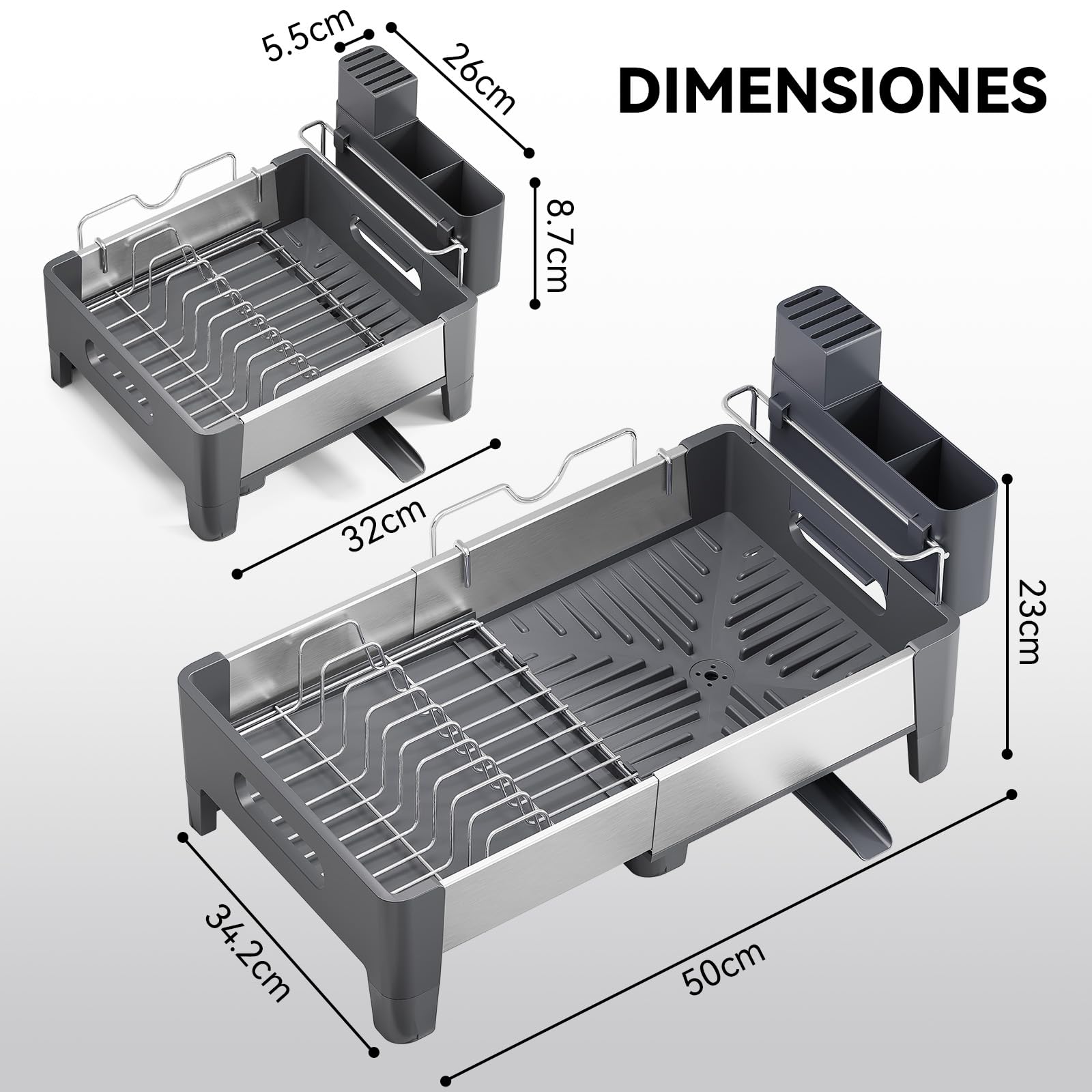 Urackify Escurridor de Platos, Gris | Extensible, Acero Inoxidable, Aluminio, Soporte Utensilios Extraíble, para Encimera