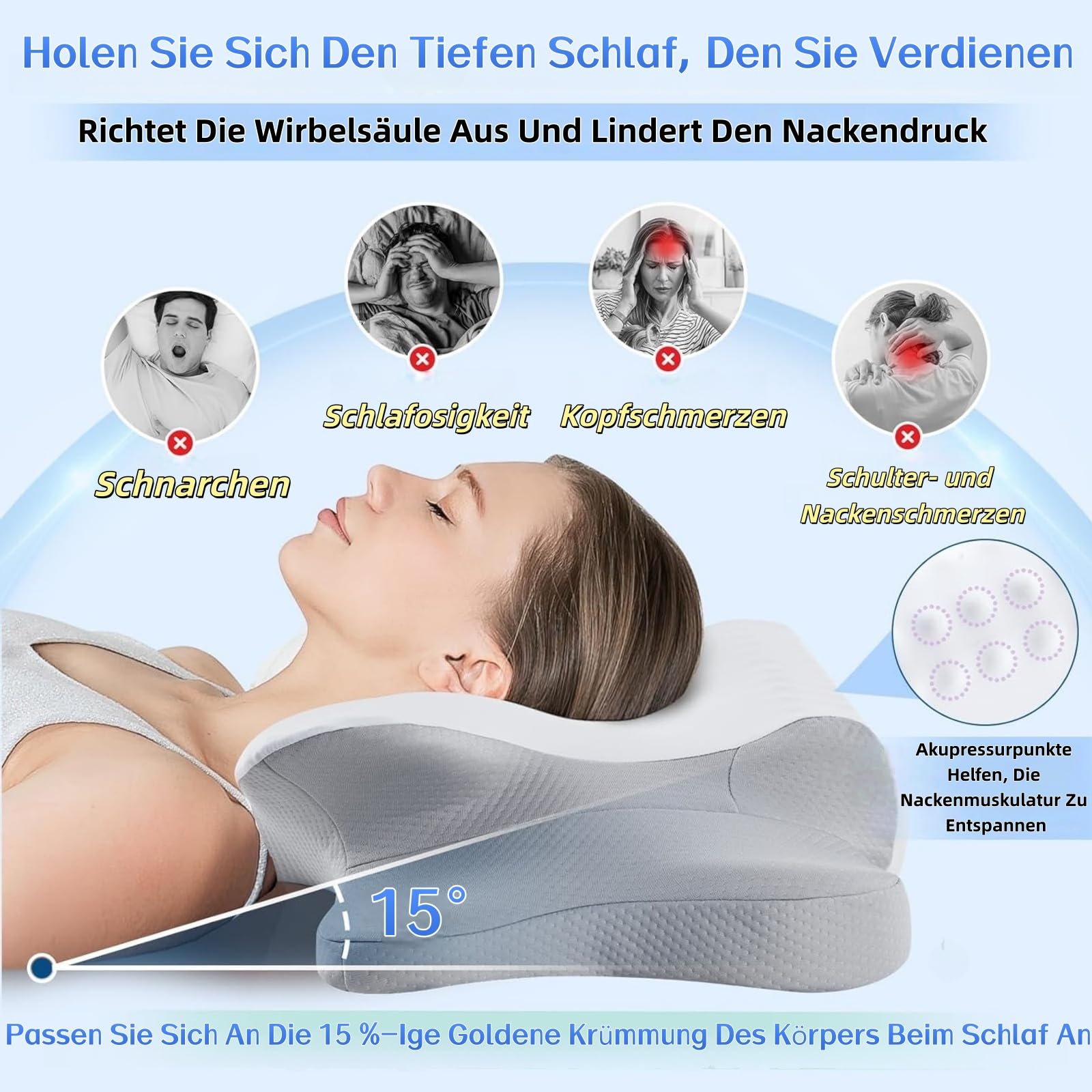 CuroSleep Seladi airflow pro Kissen Orthopädisches Nackenkissen mit 2 Höhen & Memory Schaum, 6-Zonen-Stütze & Kühlbezug –gegen Nackenschmerzen & Schnarchen, (CertiPUR-US/OEKO-TEX 100) (Dunkelblau)