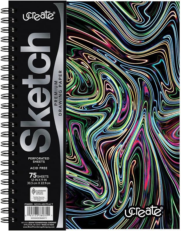 UCreate Fashion Poly Cuaderno de bocetos, diseño abstracto de neón, 9" x 12", 75 hojas | Apoya el aprendizaje en el aula, las manualidades y las actividades creativas.