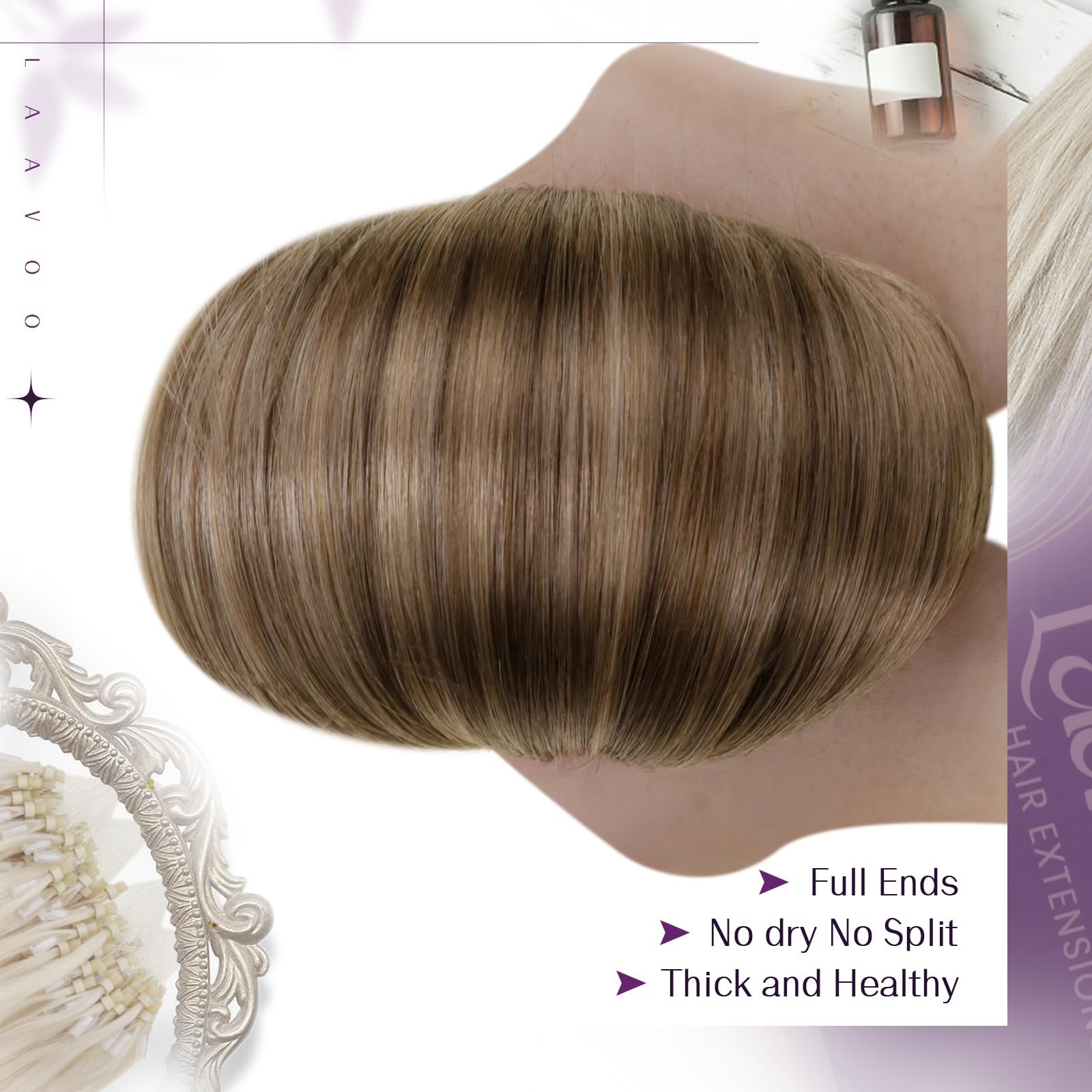 LaaVoo Human Hair Extensions Micro Ring 20 Inch Real Brown Remy Straight Balayage Light Brown & Dark Blonde Invisible Micro Beads Hair Extensions 50g 50s #8/16/8 - Image 4