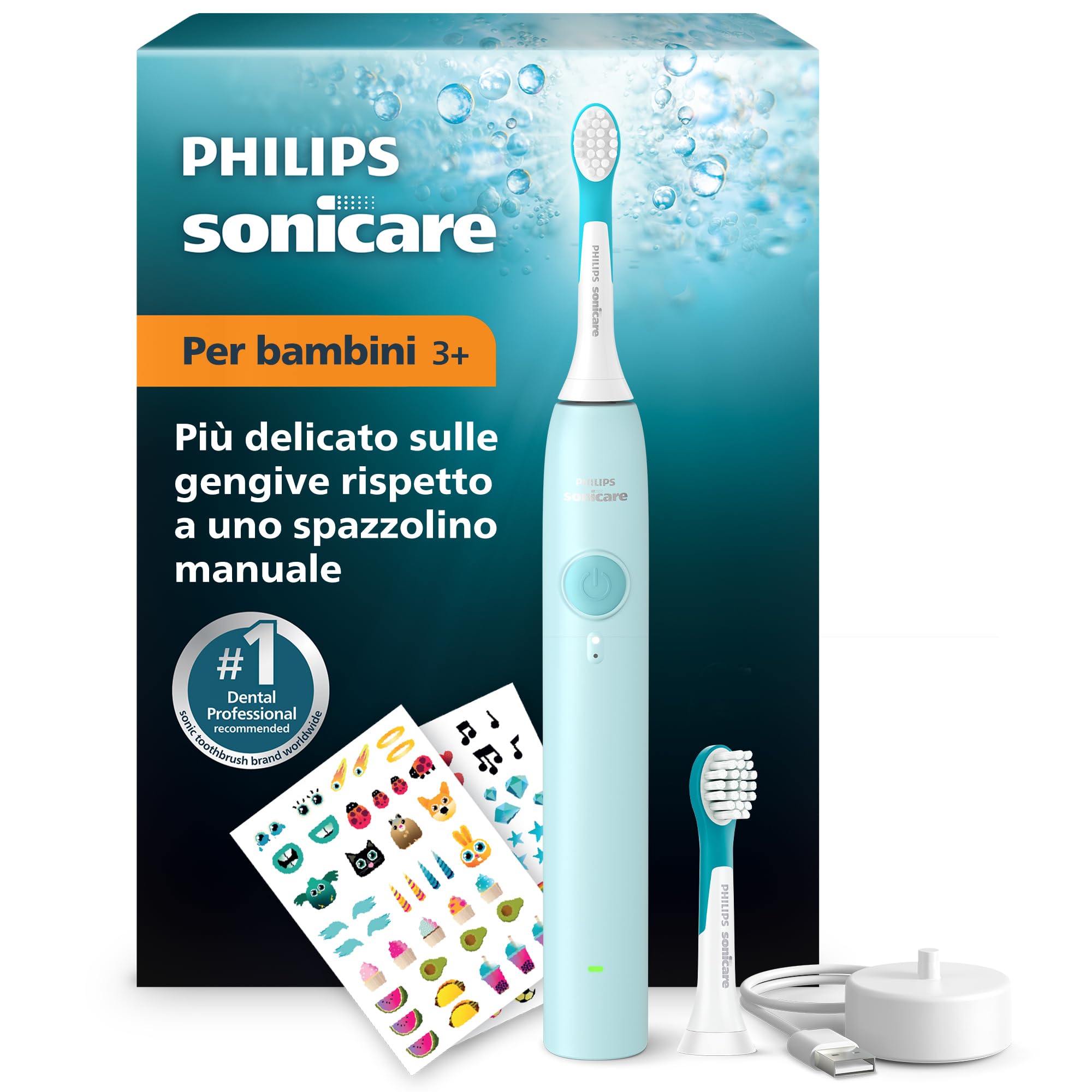 Spazzolino elettrico Philips Sonicare for Kids - Spazzolino sonico per bambini dai 3 anni in su, 2 modalità delicate, timer con audio da 2 minuti, 2 testine mini, verde acqua, modello HX6500/23
