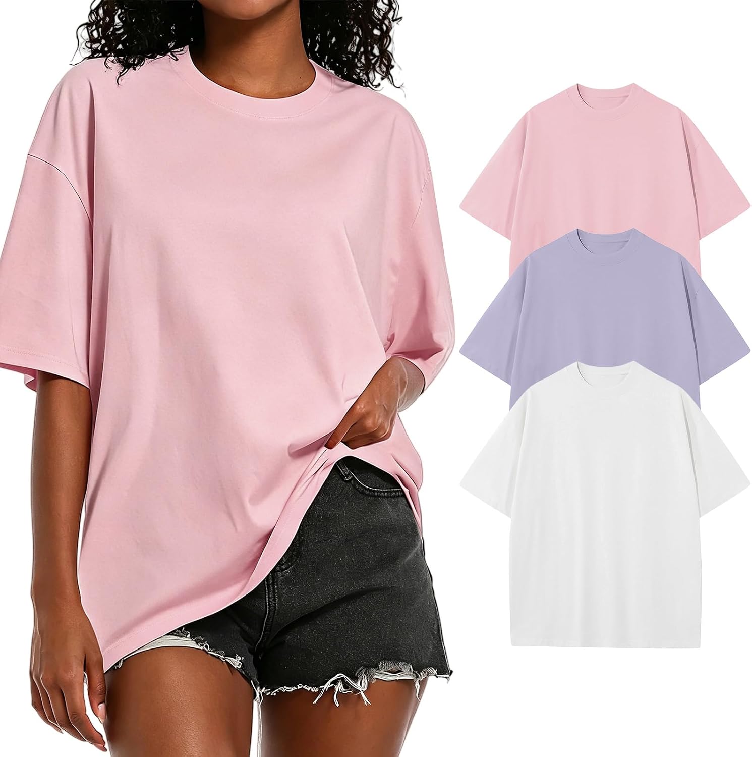 Womens Oversized Cotton T Shirts Crewneck Short Sleeve Tops Heavyweight Casual Loose Fit Drop Shoulder Fashion Tees