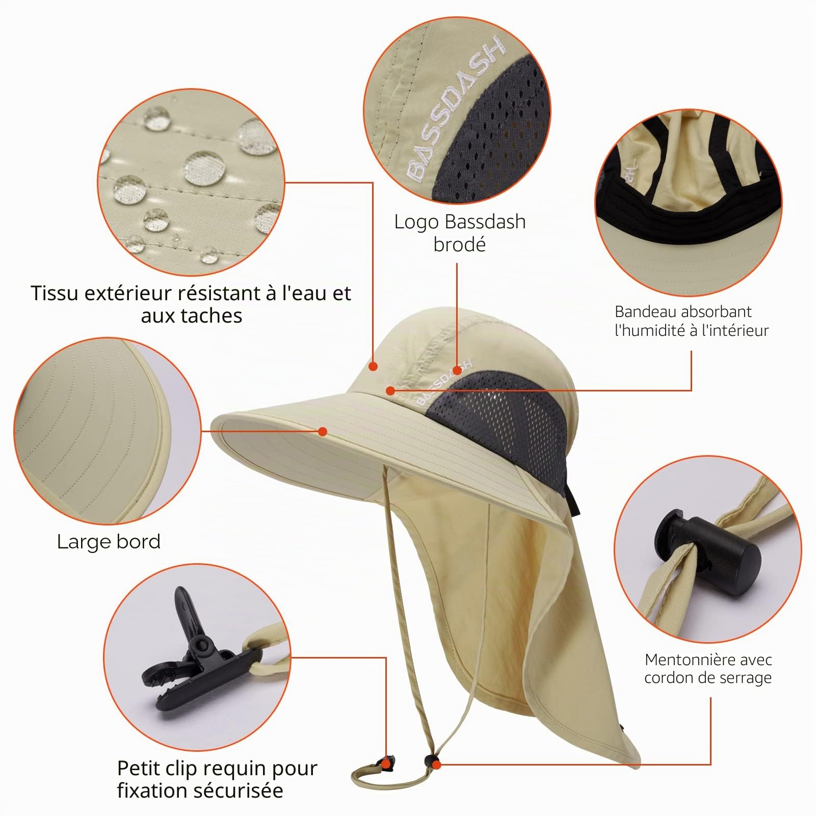 Bassdash Chapeau de Soleil Unisexe Femmes Chapeau de Soleil UPF 50+ Large Bord avec Grande Protection de la Nuque - Queue de Cheval - pour Homme et Femme