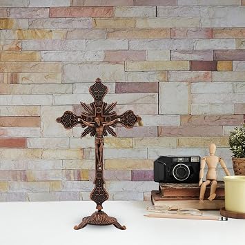 Jesus Kruzifix mit Ständer Zur Tischpräsentation 25 cm Hohes Religiöses Kreuz Antik Rot