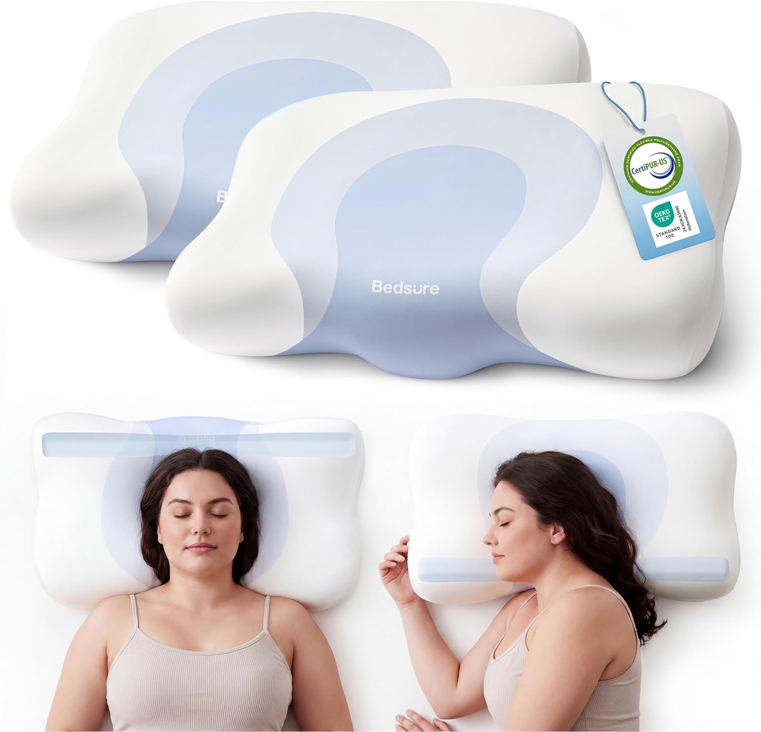 Bedsure Cervical Neck Pillow Set of 2 - Memory Foam Pillows for Ergonomic Orthopedic Support Pillow for Neck Pain Relief, Contour Pillow for Side & Back Sleepers