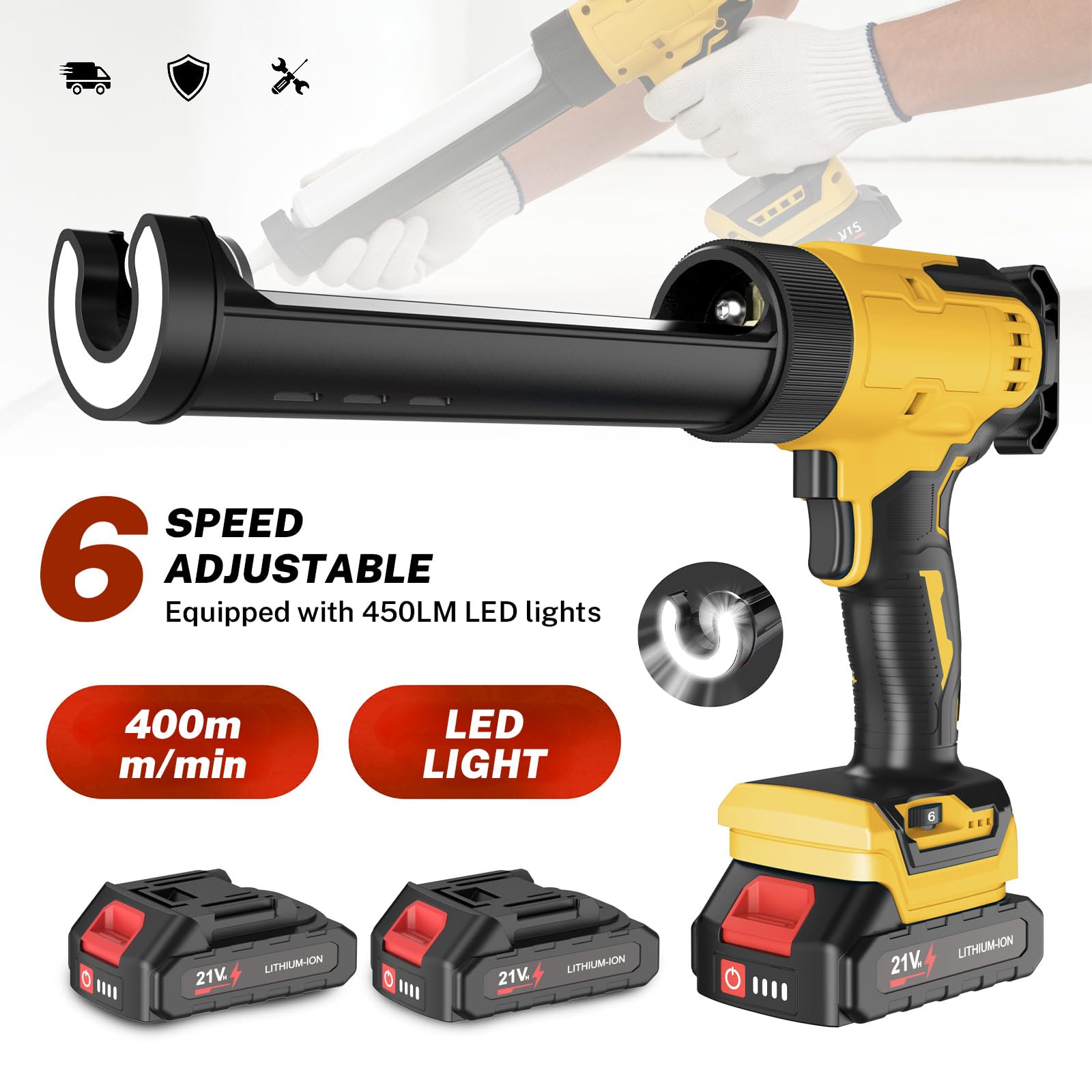 Pistola de silicona eléctrica, pistolas de pegamento eléctricas, con 2 baterías, 6 velocidades ajustables, lámpara led de 450 lúmenes, para sellado, sellador, sin fugas (amarillo)