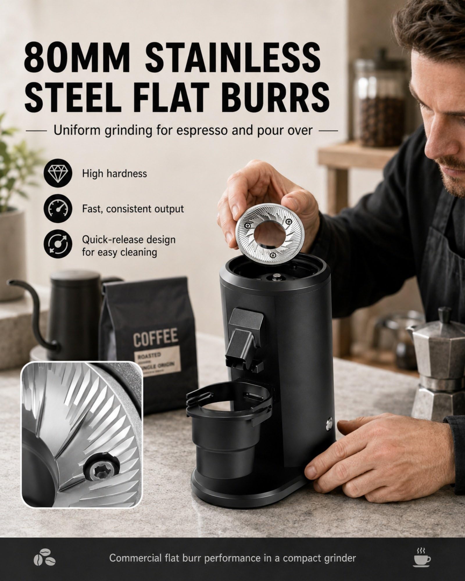 Molinillo de Café Single Dose 80mm, Molinillo Espresso Eléctrico con Muelas Planas, Ajuste 0-100, Velocidad 800-1600 RPM, Depósito 70g, Compatible Portafiltro 58mm, 550W Black