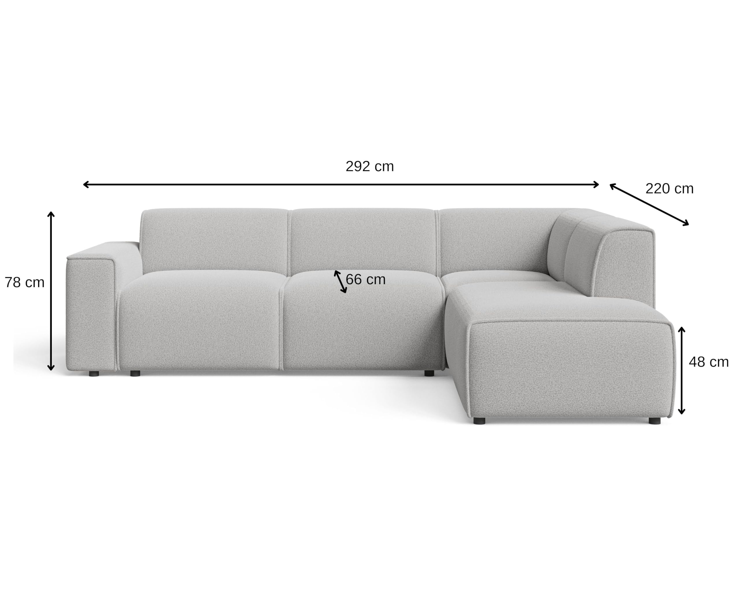 GRAINGOLD Eluno Ecksofa 292x220 cm, L-Form Sofa, Sofa für Wohnzimmer, Bouclé Stoff, 4-Sitzer Eckcouch, Modernes Design (Weiß, Rechts)