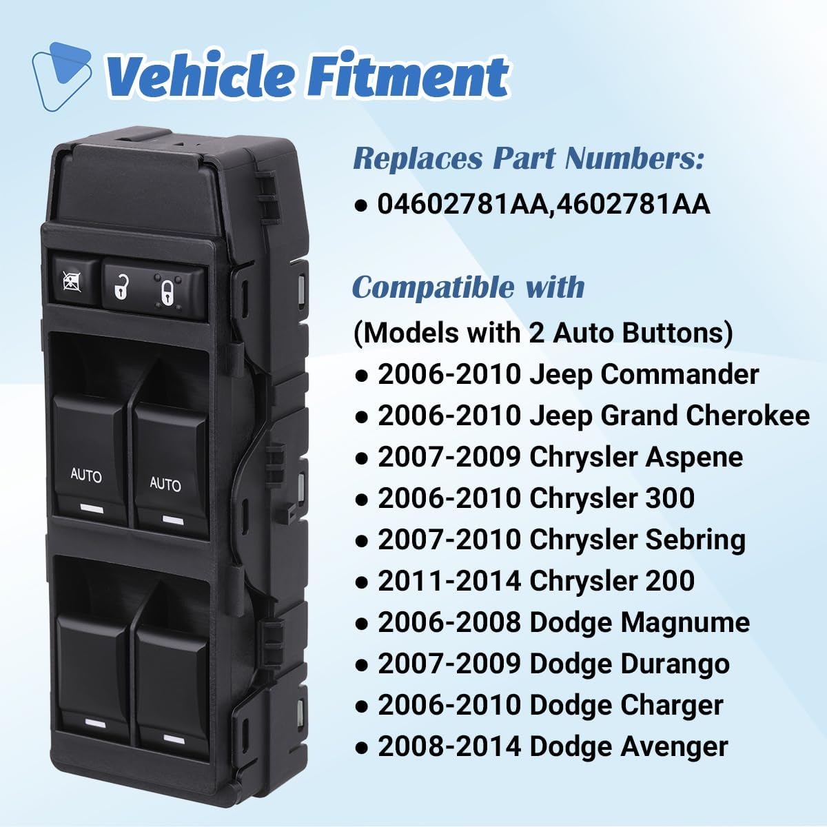Window Switch Power Control Driver Side Compatible with 2006-2014 Jeep Commander/Grand Cherokee, Chrysler Aspen/Chrysler 200/300/Sebring, Dodge Charger/Avenger/Magnum/Durango OEM 04602781AA