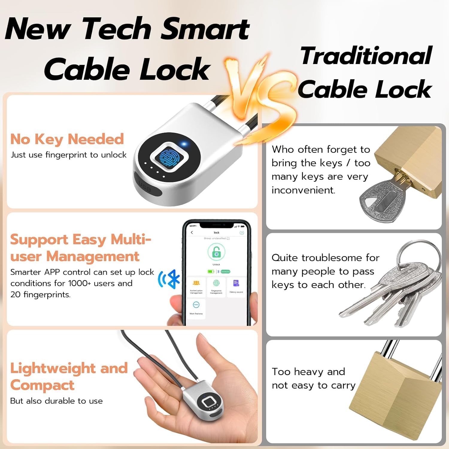 eLinksmart Candado de cordón, candado de cable de huellas dactilares, candado de aplicación para teléfono móvil, cerradura de equipaje, cerradura de muebles, taquilla, resistente al agua