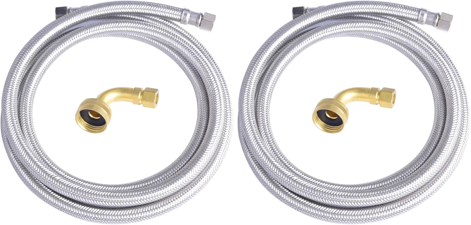 Hydro Master Braided Stainless Steel Dishwasher Connector with Elbow 72 inches 3/8" Comp x 3/8" Comp